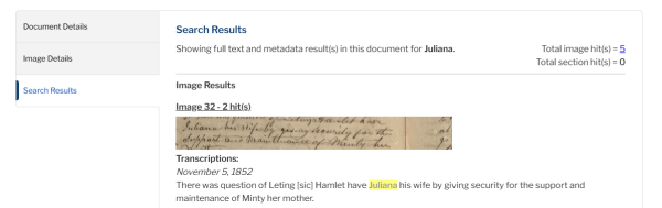 Partial screenshot of a document's metadata showing the Search Results tab, which highlights a text string--in this case, Juliana--when a match is found.