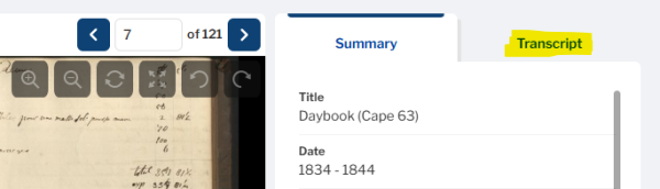Partial screenshot of a document's metadata showing the tab for Transcript, which is where the computer-generated transcript for a document may be found.