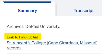 Partial screenshot of a document's metadata showing the field Link to Finding Aid, which, in the case of this example, links to the St. Vincent's College (Cape Girardeau, MO) records finding aid in ArchivesSpace.