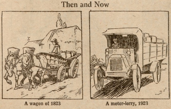 Vintage two-panel illustration from The Children’s Newspaper comparing transport: a horse-drawn wagon in 1823 and a motor lorry in 1923.