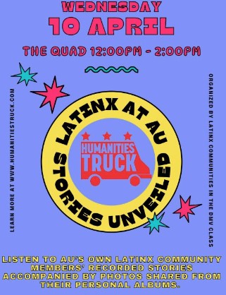 Event poster from the LatinX at AU Stories Unveiled event