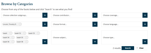 Browse by categories with multiple selections from Scripture text and one creator selected