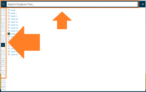 highlighting search box and A-Z navication with Scripture Text Category