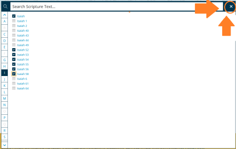 orange arrows highlighting close Scripture Search