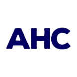 logo consisting of a white circle and navy capital letters AHC