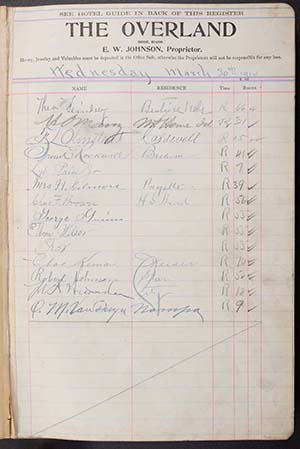A white, ledger-ruled page of a hotel guest register dated March 30, 1904 with guest names, location of residence, and assigned room number. 