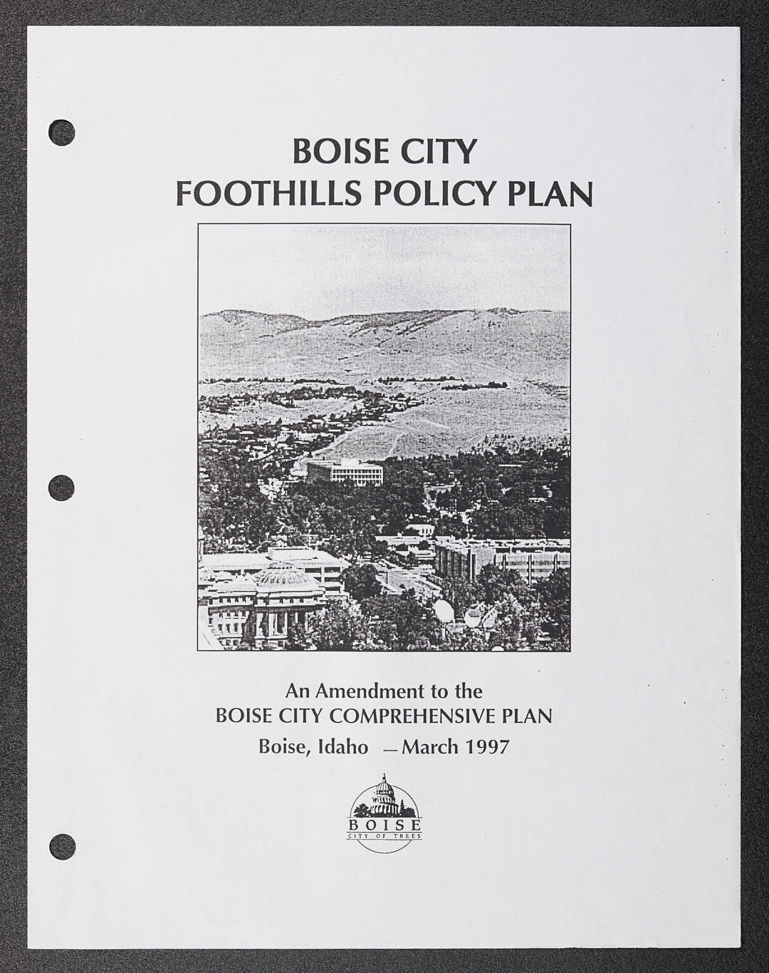 White cover page of the Boise City Foothills Policy Plan with a black-and-white photograph of the foothills. 