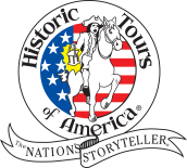 Logo for Historic Tours of America, featuring Paul Revere holding a lantern in front of a red, white, and blue flag