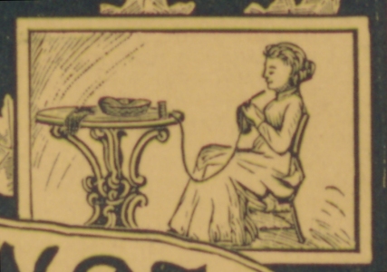 drawing of a woman sitting doing needlework