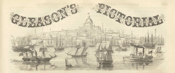 Newspaper masthead view of Boston from Boston harbor