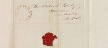 Archival photograph of a 19th-century folded letter addressed to Reverend Bostwick Hawley in Cazenovia, New York, featuring a red Middletown, Connecticut postmark stamp and a red wax seal.