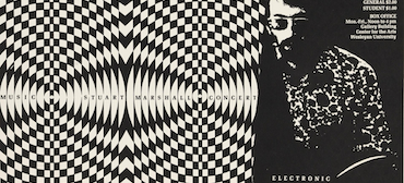 This poster shows two panels side by side. On the left, an optical illusion pattern of black and white checkerboard shapes curves and warps, creating a rippling, hypnotic effect. On the right, a stylized illustration in black, white, and dot-pattern textures shows a person wearing sunglasses and a patterned jacket, rendered in a bold psychedelic art style typical of 1960s–70s concert posters. Text overlaid on the image reads "MUSIC — STUART MARSHALL CONCERT," along with partial text mentioning "STUDENT," "BOX OFFICE" hours, "Gallery Building," "Wesleyan University," and "ELECTRONIC" at the bottom.