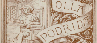 A sepia-toned vintage illustration showing a historical scholar writing at a desk on the left, and a large decorative scroll on the right featuring the title 'OLLA PODRIDA'.