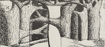Black-and-white ink drawing of a surreal forest landscape where human forms, including a central figure and a sleeping face, are physically integrated into the trees and branches.