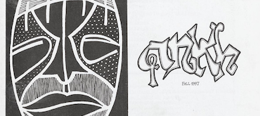 A black-and-white graphic layout featuring a stylized abstract mask on the left and the word 'ankh' written in graffiti-style script on the right with the subtitle 'FALL 1997'.