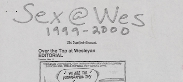 Archival document with a handwritten title 'Sex@Wes 1999-2000' positioned above a clipped editorial from The Hartford Courant titled 'Over the Top at Wesleyan,' which includes a cartoon referencing a controversial course on pornography.
