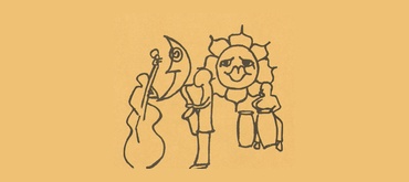 Simple line drawing of three figures and a musical instrument. On the left is an upright string instrument with a bow. In the center stands a smiling person with a sun-like halo or rays around their head, holding a crescent-shaped object. On the right, two smaller seated figures face the central figure. The illustration is drawn in black lines on a tan background.