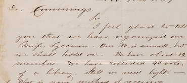 An archival photograph of a handwritten letter from 1857 addressed to Dr. Cummings, detailing the organization of a 'Miss. Lyceum' with 12 members and a collection of 43 library volumes.