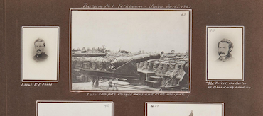 A Civil War scrapbook page featuring a central photograph of Union Battery No. 1 at Yorktown in April 1862, showcasing large Parrott artillery guns surrounded by sandbags. The landscape photo is flanked by two smaller portrait photographs of Union personnel with handwritten captions.
