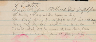 Handwritten note in cursive listing several personal names paired with street addresses in Connecticut and New York, with a faded pink stain along the bottom edge.
