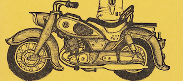 A stylized black-and-white ink illustration of a retro moped or vintage motorcycle on a vibrant yellow background.