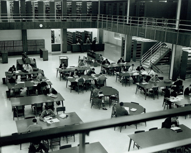 Overhead view of the Duke University Law School Library.