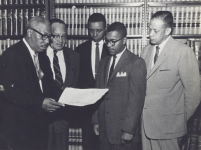 Photo of Conrad Pearson, Hugh Thompson, Floyd McKissick, William G. Marsh, and John H. Wheeler, Durham attorneys.