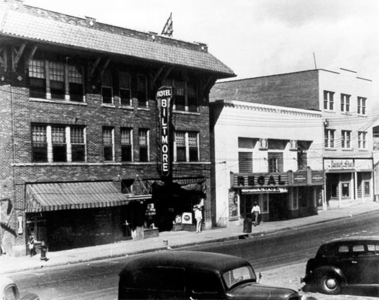 Buildings on a city street.