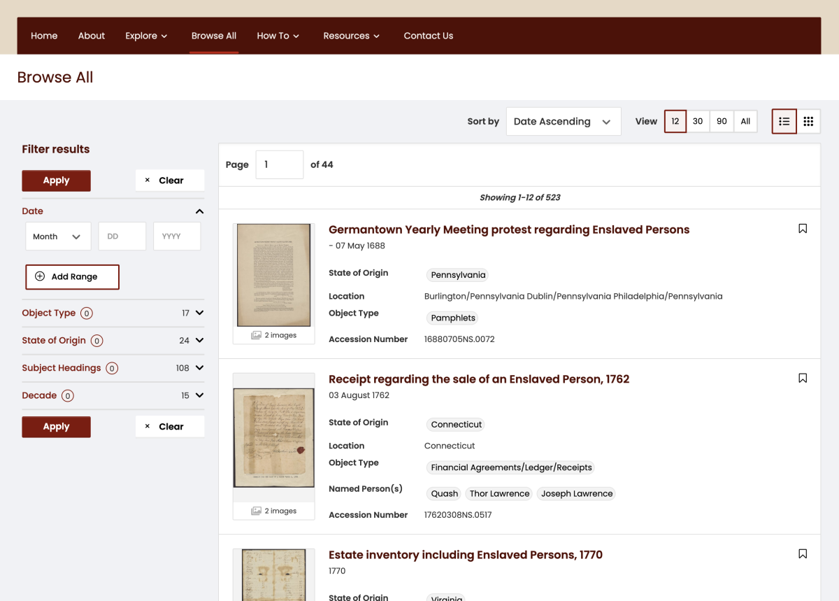 Interface showing a list of documents with options for filtering the list.