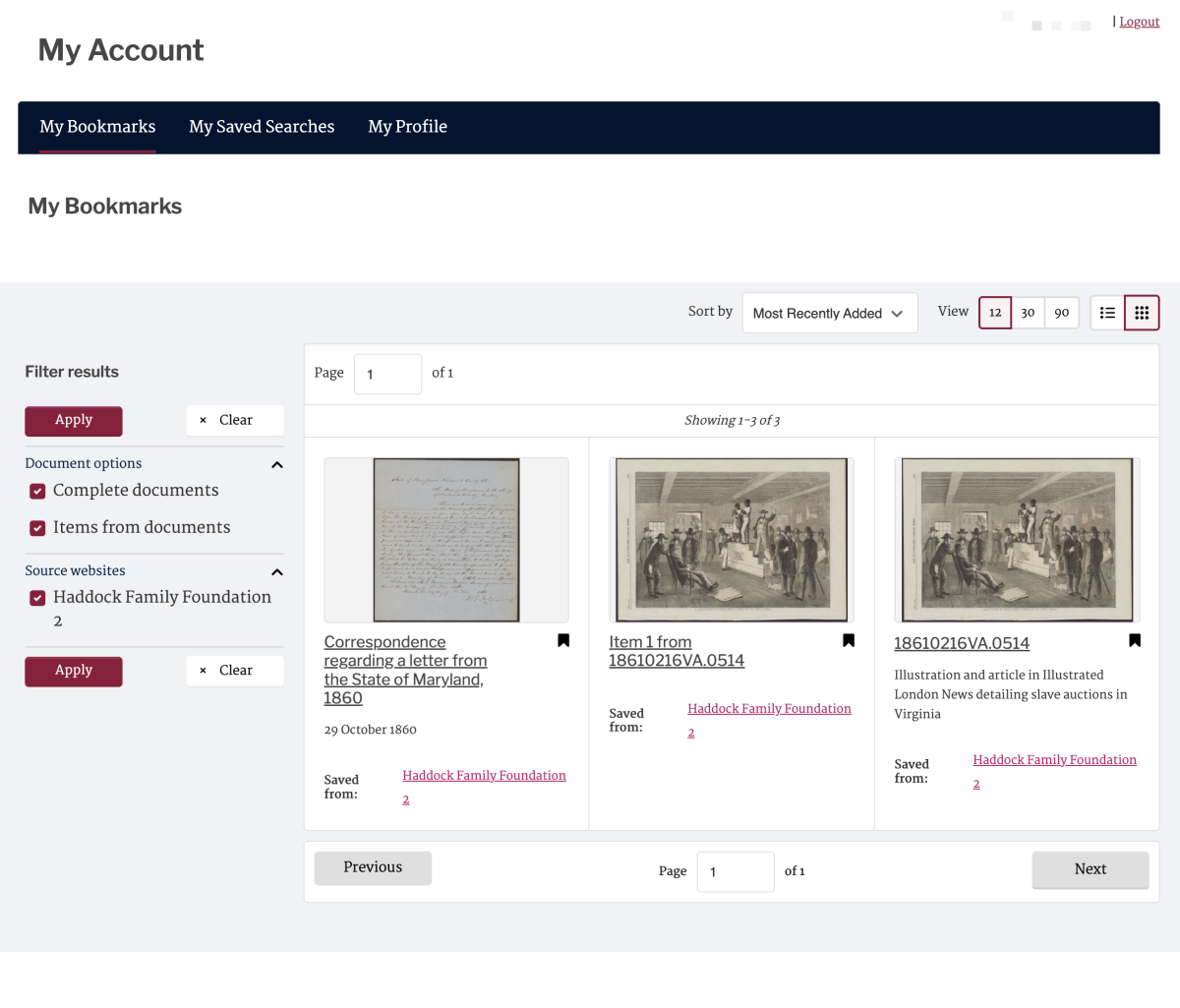 Showing how the user's bookmarked items appear in the My Account page