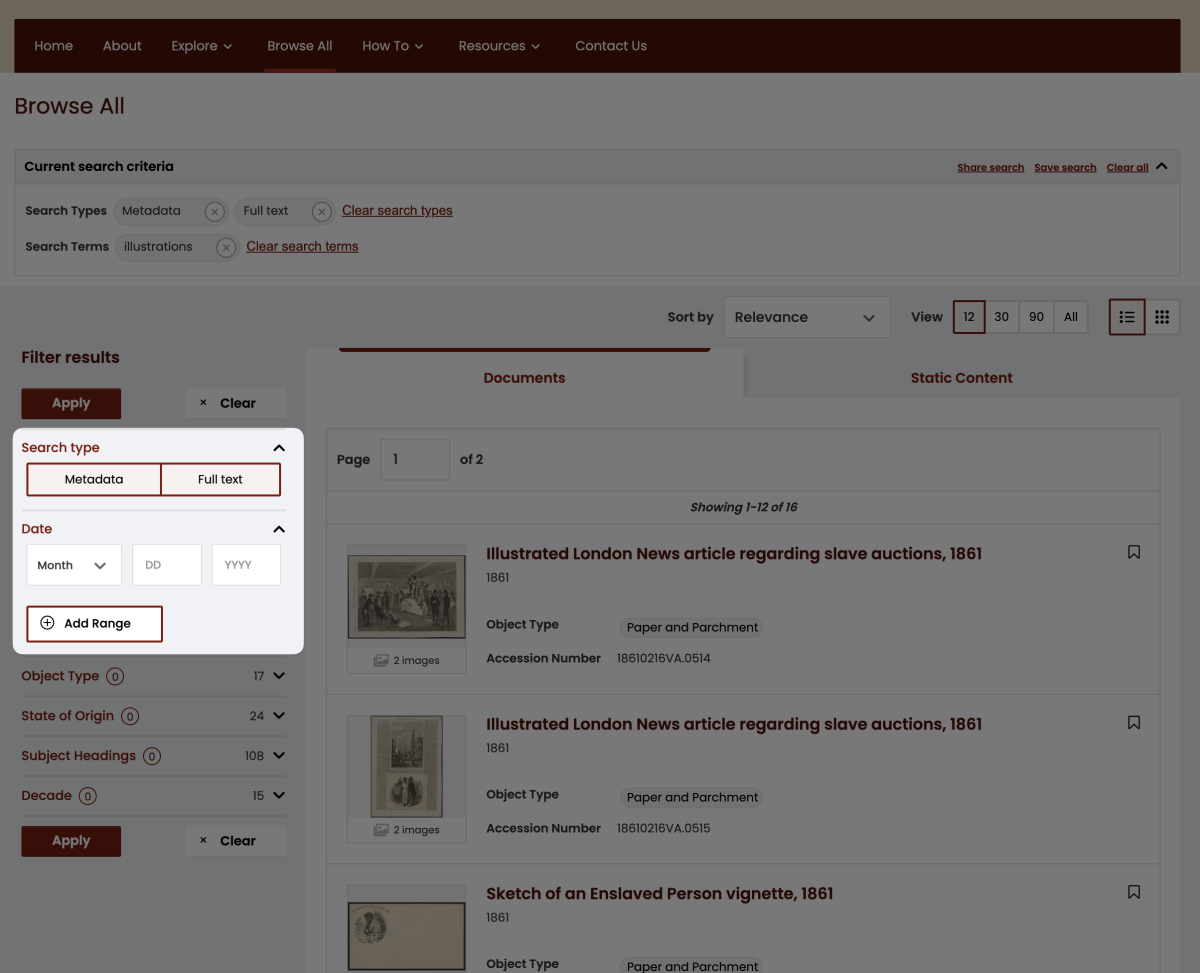 Highlighting the search type and date filters associated with search results