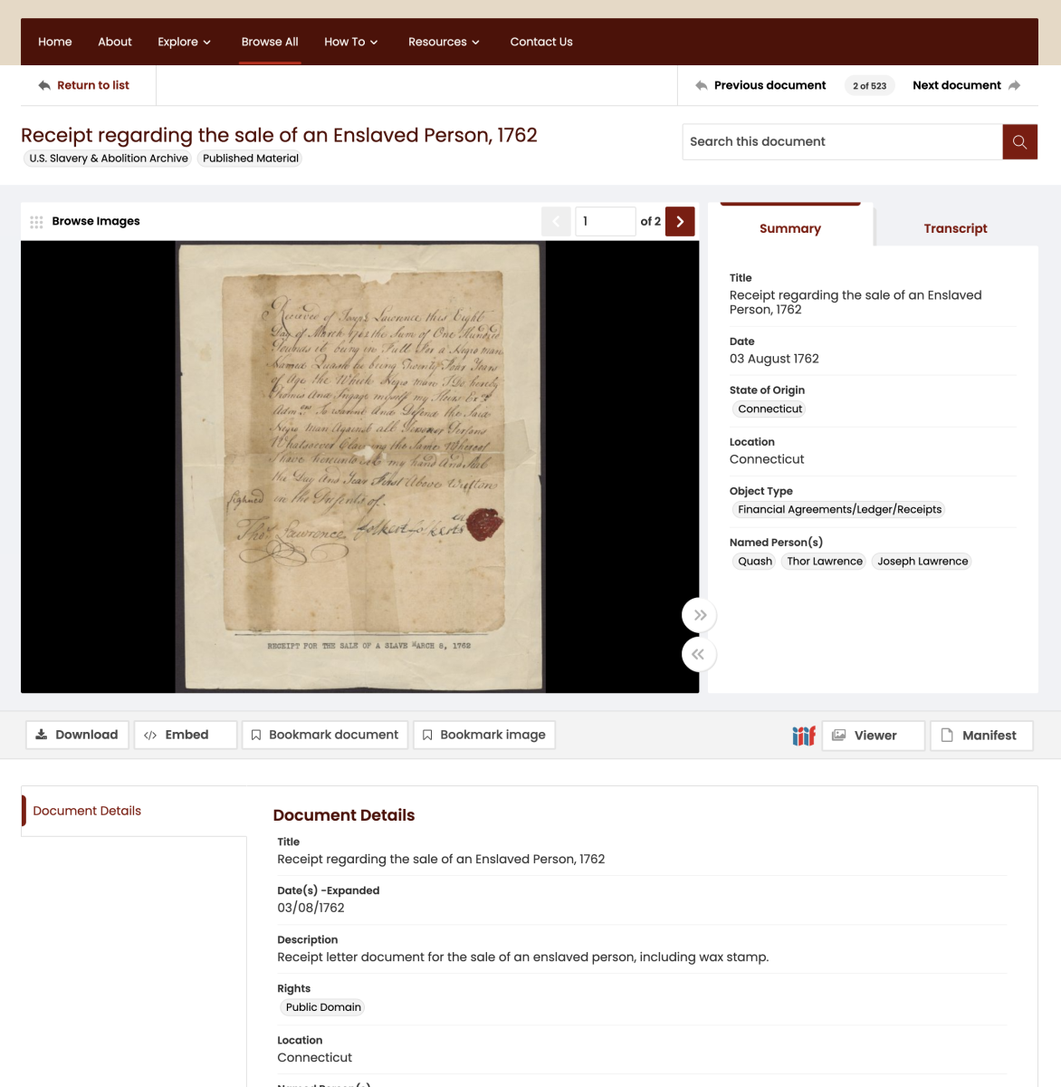 Interface showing the detail view of a document including the main image and corresponding metadata and descriptions