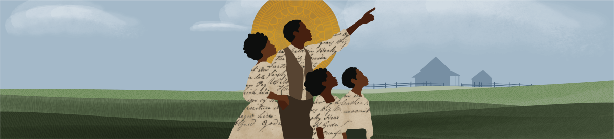 Parents and children stand together as the father points off-frame; a worn barn sits behind them.