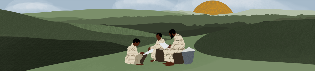 Family sits close together overlooking hilly green countryside, looking toward one another.