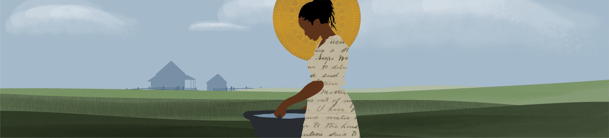 Woman carrying a bucket stands alone in open green fields with houses nearby; script text is visible on her white clothing.