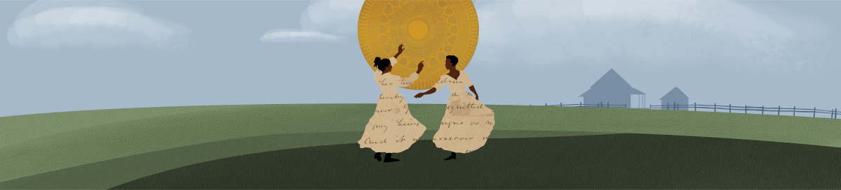Two women dance together on rolling green hills with small farm buildings in the distance; script text appears on their dresses.