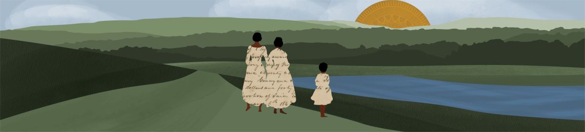 Three women walk together along rolling hills toward a lake, with script text on their long dresses.