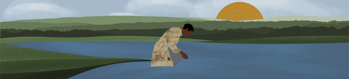 Young man kneels at the edge of a lake, reaching down toward the water with grassy hills behind him.
