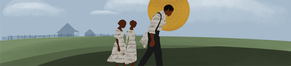 Man walks away from two sisters who stand in the distance on green grass with hills and a barn behind them.