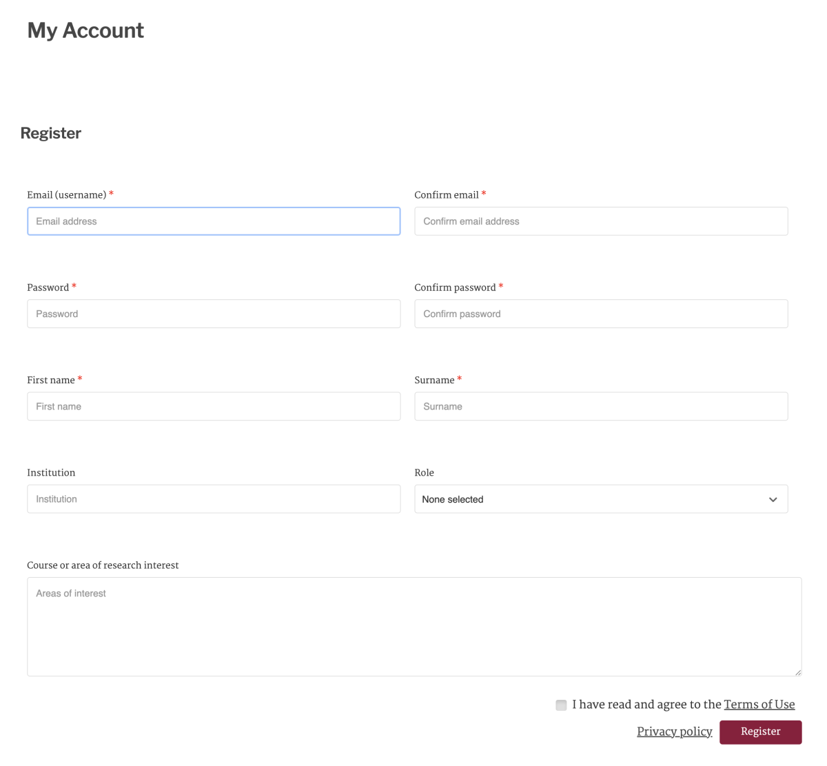 Registration form to create an AM Quartex account