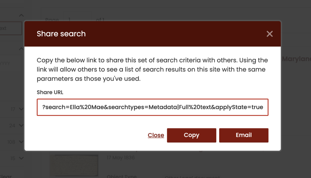 Interface for sharing the search results URL with others