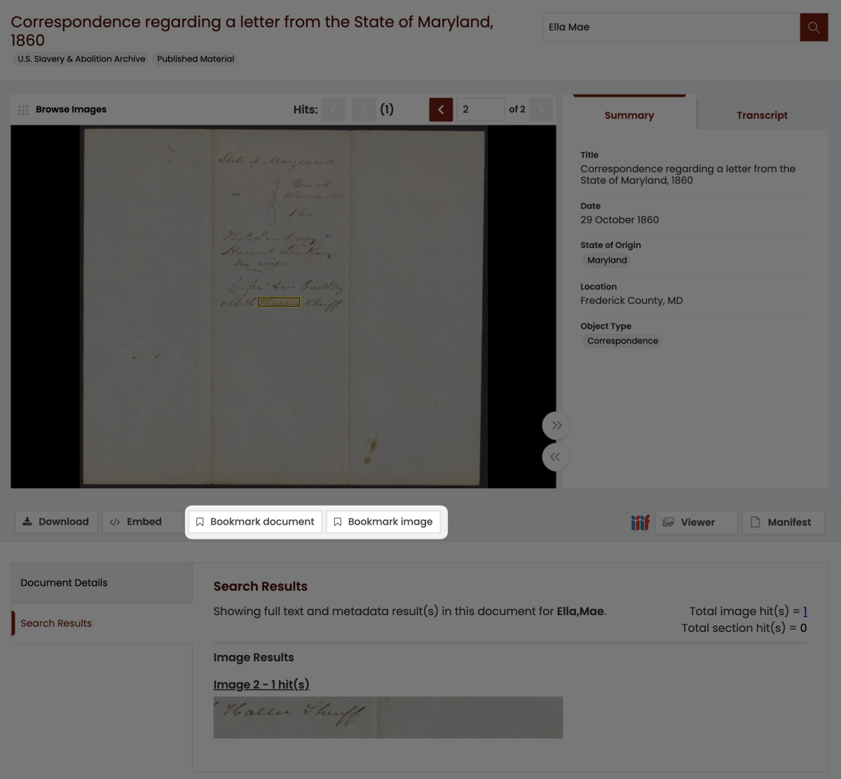 Highlighting area where you can bookmark an individual document for later viewing