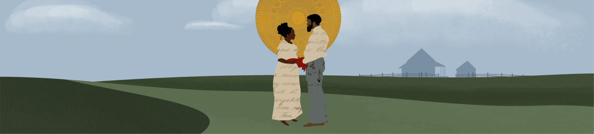 Couple stands on green hills holding hands and facing away, with simple farm buildings in the distance.