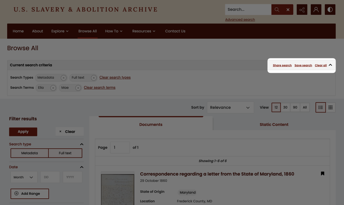 Highlighting how to save and share search results from the documents list page