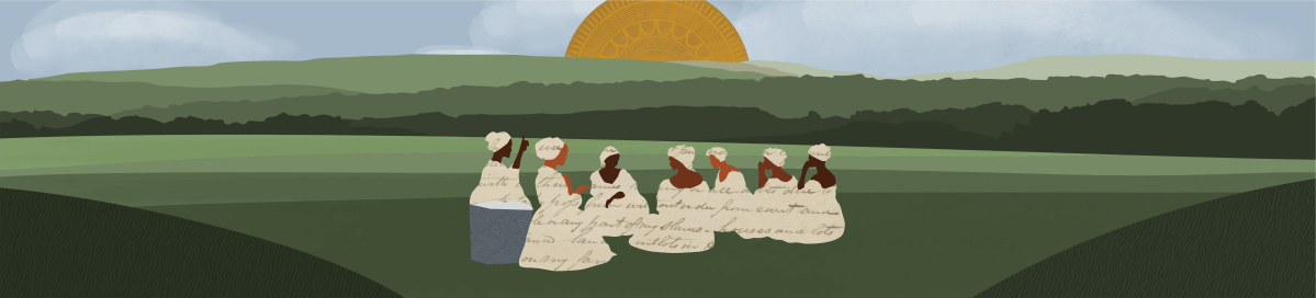 Group of women sits on green hills, gathered and facing one another with distant mountains behind them.