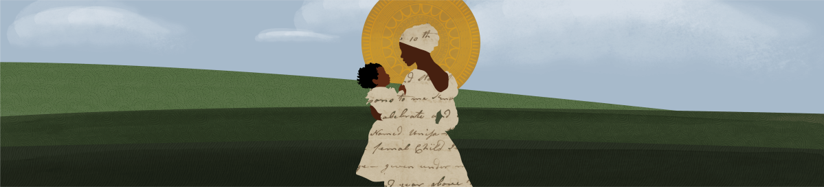 Mother holds her baby on a green hill, framed by a gold sun motif; script text appears on their white clothing.