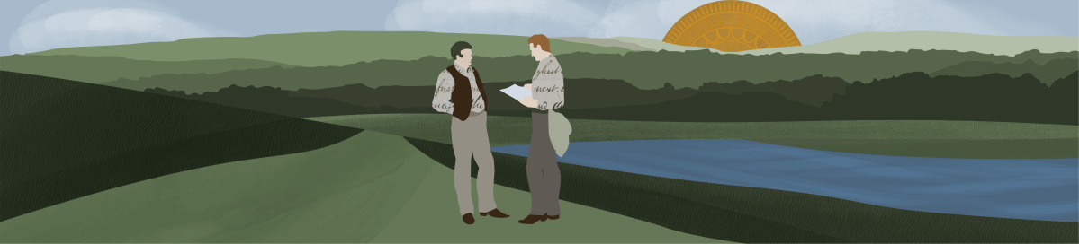 Two men stand apart near water; one extends an envelope while the other stands with arms crossed.