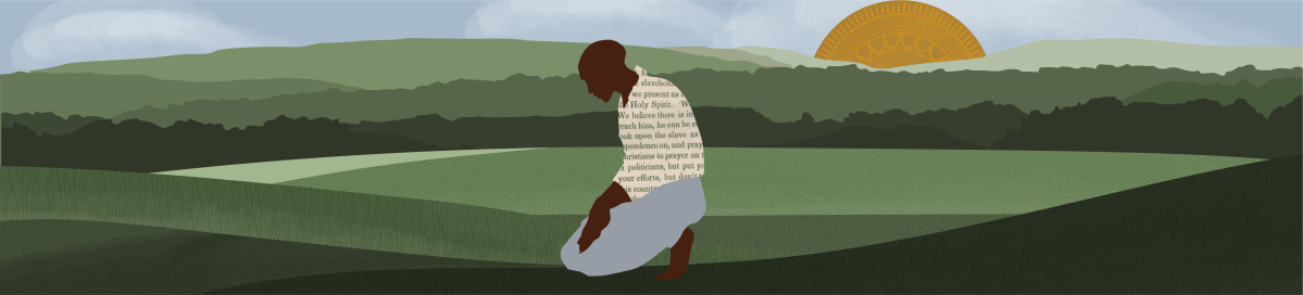 Man with his back turned prays on top of green hills with scattered trees and a clear sky.