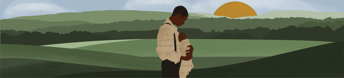 Man holds a baby in an open field while looking toward rolling green hills.