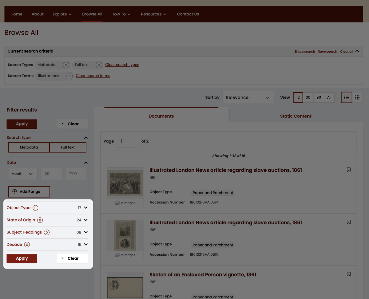 Highlighting the controlled vocabulary filter options on the side of the document list interface